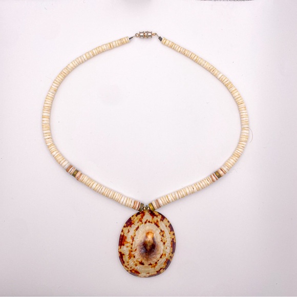 Jewelry - Vintage Limpet Pendant Necklace with Shell Heishi Beads and Barrel Closure